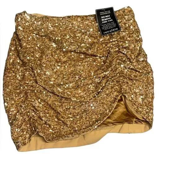 NWT women’s RETROFETE gold sequin CELESTIA mini SKIRT size medium - Picture 4 of 10